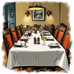 a watercolor painting of a fancy dining table
