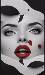 a woman with black and white makeup wearing a red lipstick
