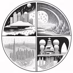 four sections of cityscape depicting the four different areas that it could use to make an advertisement,the four panel design for the science fiction scene