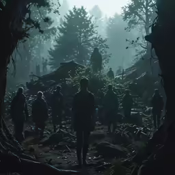 a group of people standing around in the forest