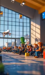 many legos are in the background while a plane comes in for a landing