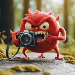 a stuffed animal holding a camera near a forest