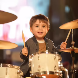 the young boy is holding the knife and drum sticks