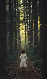 a girl is standing in a forest near a path
