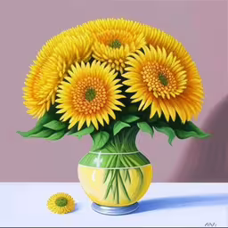 an image of painting of sunflowers in a vase,painting of vase filled with yellow flowers on a table