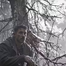 a man standing in front of tree branches