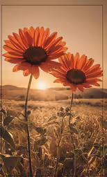 two flowers on a field that is under a sunset