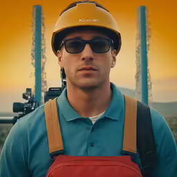 man wearing hard hat and sunglasses with camera on shoulder