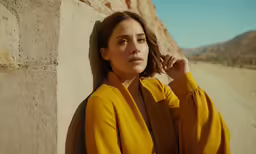 the woman is wearing a yellow shirt and looking at the camera
