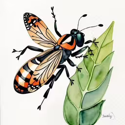a painting of a bee on a green leaf,a painting of a beetle sitting on top of a leaf