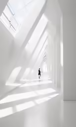 person walking in an almost empty room with a skylight