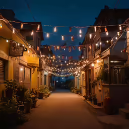 a street with string lights suspended above it