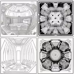 a diagram of the interior of a spaceship,four views of a spaceship looking through a floor plan