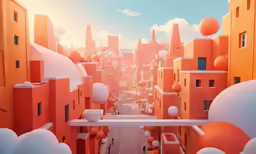 a street scene with orange buildings and a white bridge