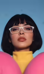 a woman wearing glasses with pink and yellow tones