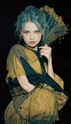 a young lady with blue hair holds a parasol in her hand