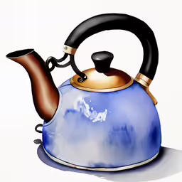 a drawing of a blue tea kettle with a golden rim