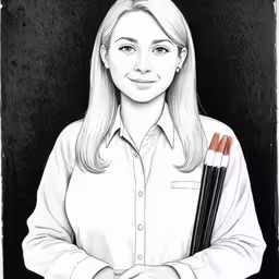a woman in a button down shirt holds two different pens
