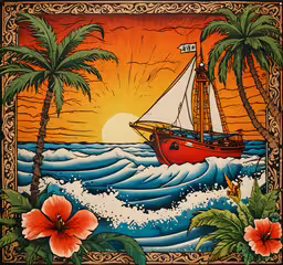 a painting of a ship sailing through a sunset,an image of a boat on the ocean