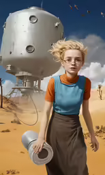a woman with glasses and a hat walking in front of a giant structure