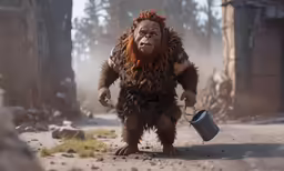 an orangua with a bucket and a can standing in a snowy forest