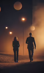 two people walking away from the camera at night