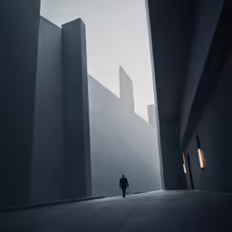 a man in a dark tunnel looks up at buildings