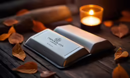 two books with some leaves on the ground