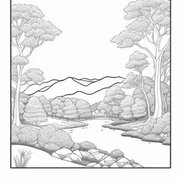 trees are line drawing against the backdrop of a lake in a forest,this is a landscape drawing for beginners