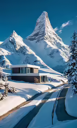 a house in the snow on a road