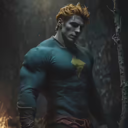 a man in a costume stands in a forest