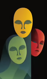 three color masks against black background
