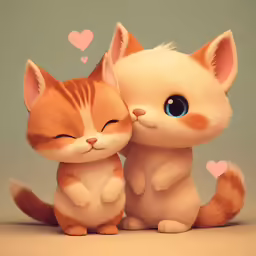 two cats hugging one another with hearts floating above