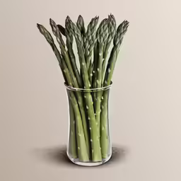 a glass filled with green vegetables sitting on top of a table