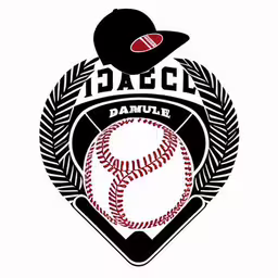a baseball bat, ball and hat inside a laurel on the words dodge samuel,a baseball glove and bat in the shape of a badge