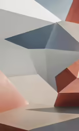 a geometric abstract scene shows pink and gray colored surfaces