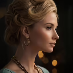 a woman with long hair and large earrings