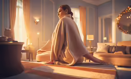 a woman laying on a bed wearing a robe