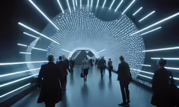 people walking inside of a tunnel with lights