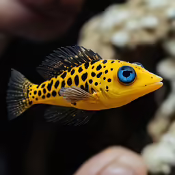 a blue - eyed fish with orange spots and black spots in its belly