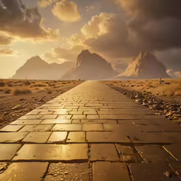 a very long road lined with cobblestones with a sky background