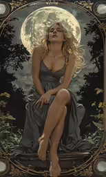 the painting depicts a blonde woman with her eyes closed sitting on a bench in front of a full moon