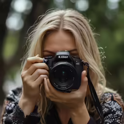 a beautiful blond woman with a camera looking through the lens