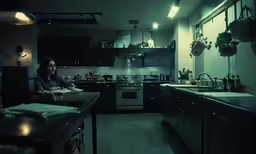 a person sits at a table in a dark kitchen