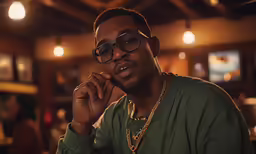 the young man in green has a necklace on his neck