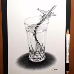 a drawing of an airplane coming out of a glass