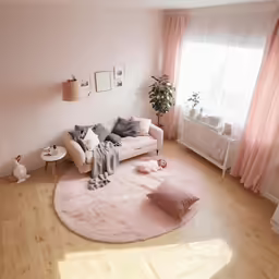 a white couch in front of two windows with curtains