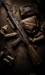 a rifle sitting on top of a wooden table