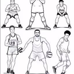 a man doing different activities to improve his body,the basketball player poses in various positions, with one hand on his hips,a set of four basketball players, one holding a ball,a bunch of basketball players doing different poses,six basketball players drawing in ink with black and white