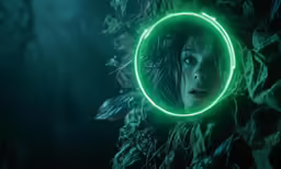 a woman with dark hair and glowing eyes stares in to a green ring
